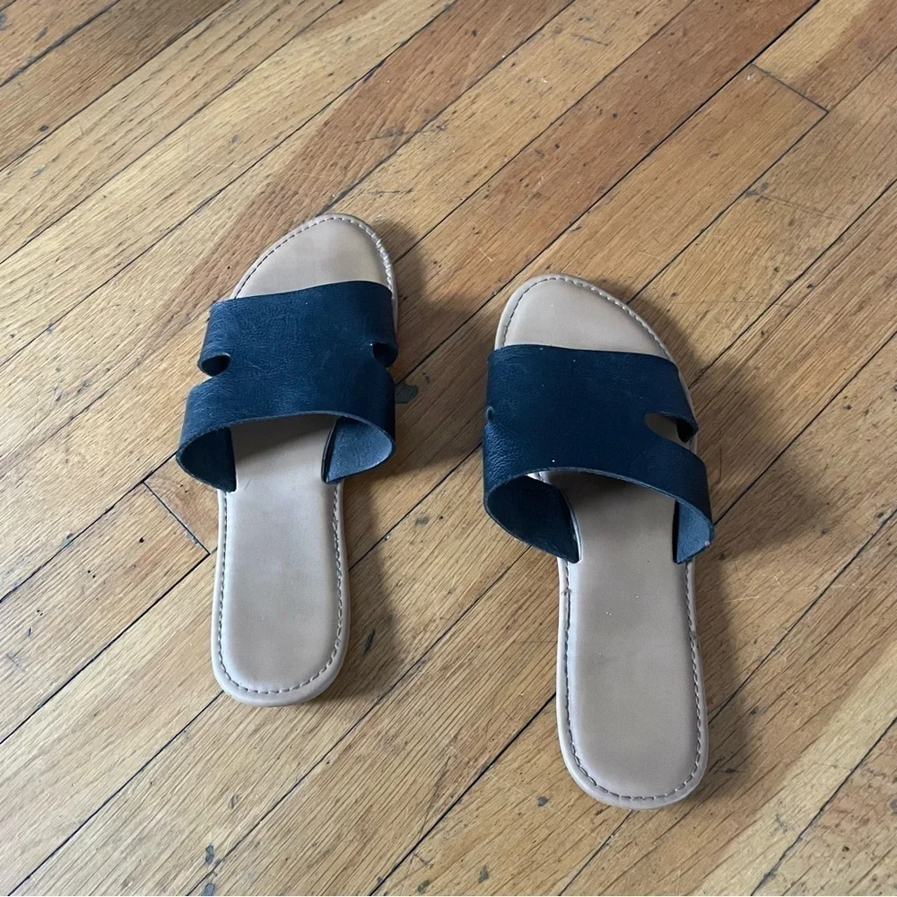 Black and Tan Slip-On Sandals with Suede Straps